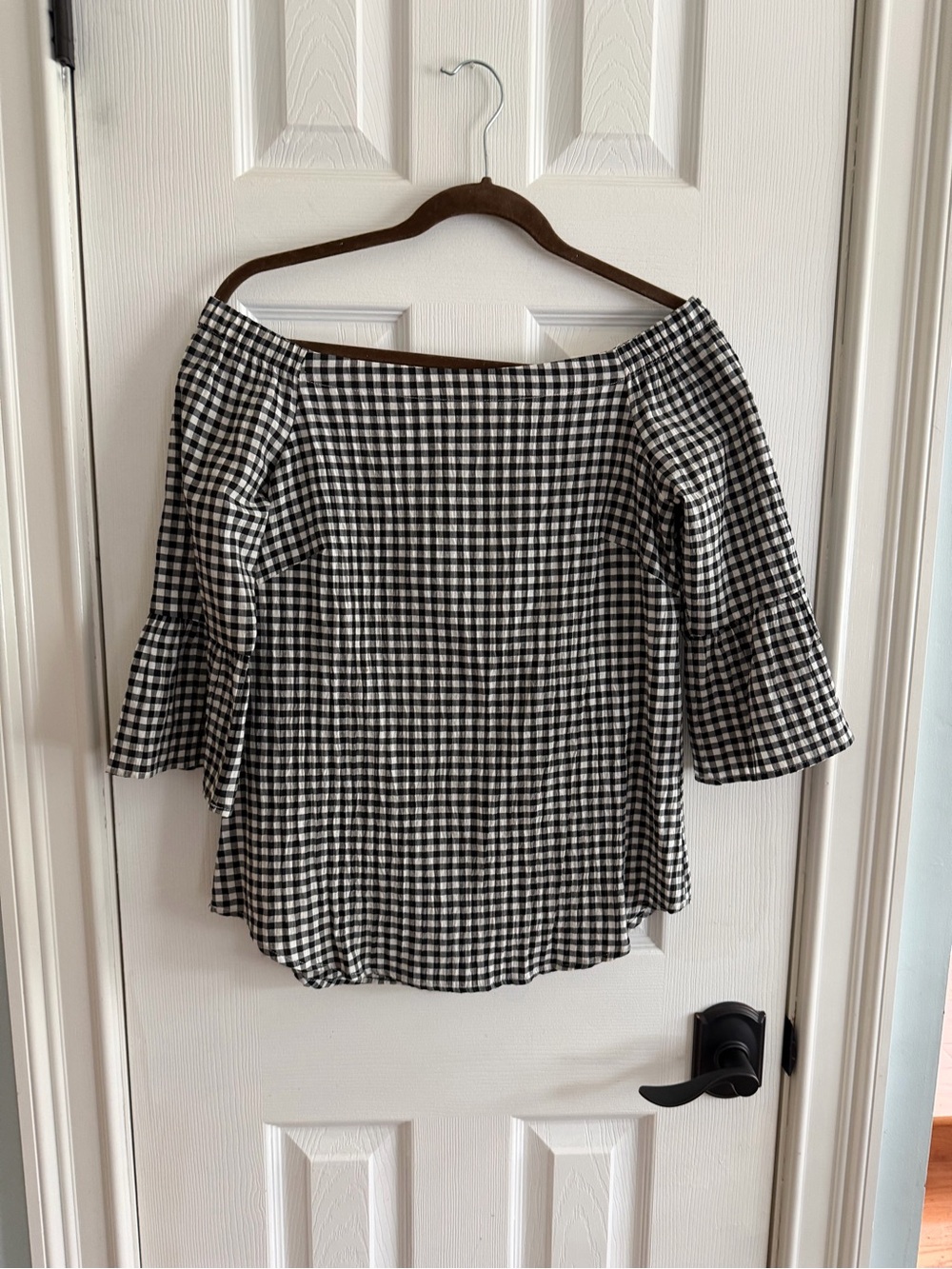 White House Black Market Black and White Gingham Off-Shoulder Blouse